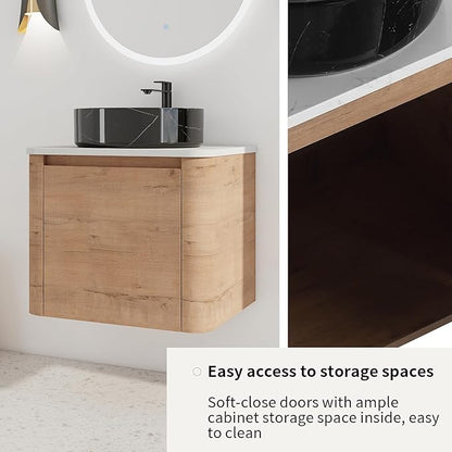 LKTART 24 Inch Floating Bathroom Vanity with Sink, Modern Wall Mounted Bathroom with Soft Close Door, Black Stone Round Ceramic Basin and Sintered Stone Top