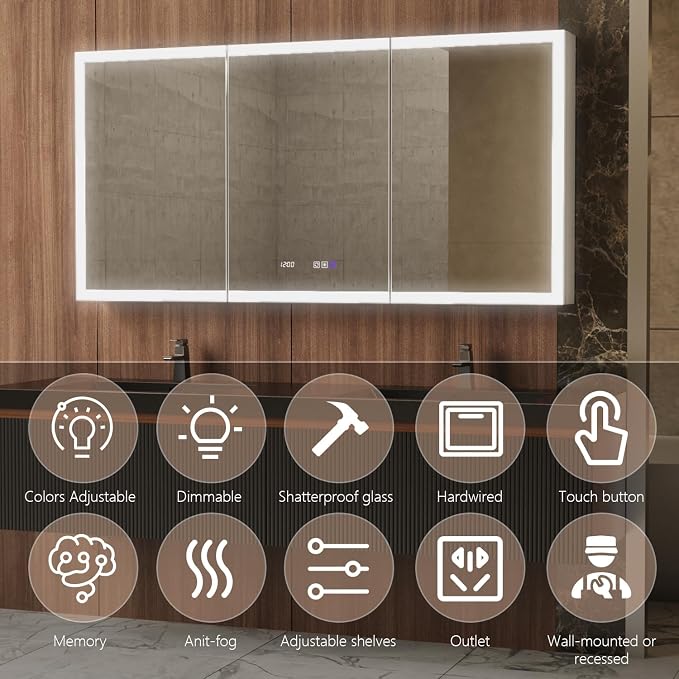 60" W x 30" H Smart Lighted Medicine Cabinet with Mirror for Bathroom, Recessed/Surface Mount Medicine Cabinet with Anti-Fog, 1800W Charging Station, USB Ports, 3 Color Lights