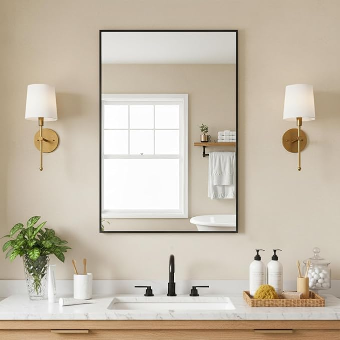 FICTOR Bathroom Vanity Mirror for Over Sink, 20" x 30", Black | Anti-Rust Frame, Shatterproof Tempered Glass, Vertical/Horizontal Wall Mounted Mirror for Bedroom, Entryway, Living Room