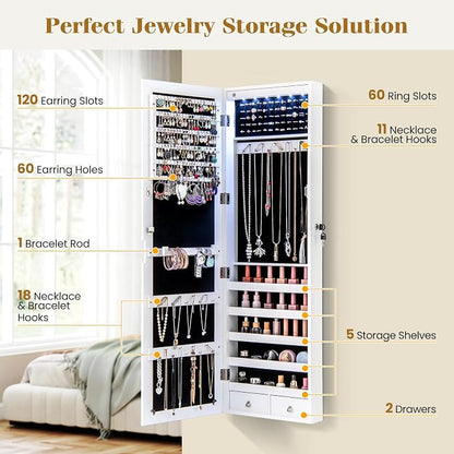 CHARMAID Wall Mounted Jewelry Armoire with 47" Full Length Mirror, Lockable Jewelry Cabinet with 6 LED Lights, Over the Door Hanging Storage Organizer with Drawers, Hooks & Shelves, White