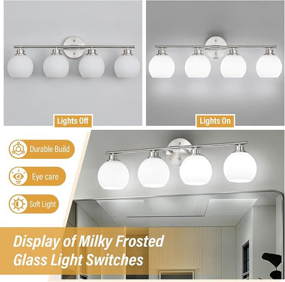 Brushed Nickel Bathroom Light Fixtures, 4-Light Vanity Light Over Mirror | Modern Bathroom Lighting Over Mirror, Wall Sconces, Milky White Globe Glass Shades, E26 Socket,ETL Listed
