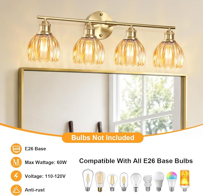 Bathroom Light Fixtures, 4-Light Brushed Gold Vanity Lights for Bathroom with Amber Tulip Glass Shade, 26" Vintage Bathroom Vanity Lighting Fixtures Over Mirror for Bedroom Living Room Hallway