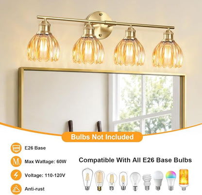 Bathroom Light Fixtures, 4-Light Brushed Gold Vanity Lights for Bathroom with Amber Tulip Glass Shade, 26" Vintage Bathroom Vanity Lighting Fixtures Over Mirror for Bedroom Living Room Hallway