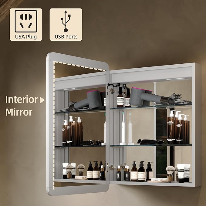 24"x32" LED Bathroom Mirror Cabinet with Lights, Wall Mounted or Recessed Medicine Cabinet, Dimmable Front & Anti-Fog, Adjustable Shelves, Modern Aluminum Storage Cabinet (24X32 in|1 Door)
