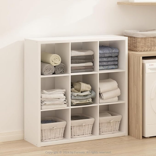 Furinno Simple Cube Storage Organizer, 9-Cube Display Shelf, Open Back Shelving Unit, Storage Shelves, Extra Thick Frame, for Organization and Storage, Living Room, Home Office, White