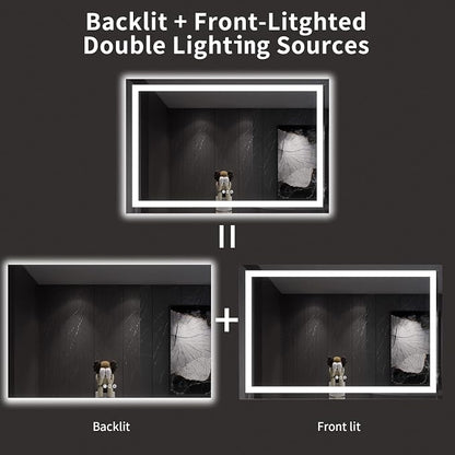 LOAAO 60X40 LED Bathroom Mirror with Lights, Anti-Fog, Dimmable, Backlit + Front Lit, Lighted Bathroom Vanity Mirror for Wall, Memory Function, Tempered Glass, ETL Listed | Anti-Fog, Dimmable, 3 Color Temperature, Backlit + Front Lit, Memory Function, ...