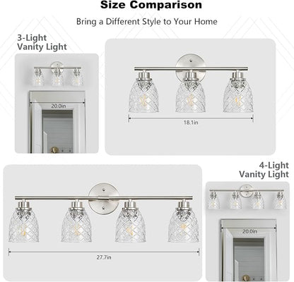 4-Light Vanity Light Over Mirror, Brushed Nickel Bathroom Light Fixtures | Modern Farmhouse Wall Sconces with Hammered Glass Lampshade for Kitchen Hallway Bedroom Living Room Cabinet Porch-27.5IN