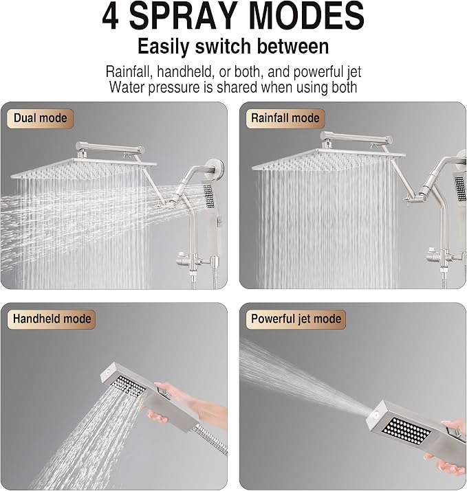 All Metal 10 Inch Rain Shower Head with Handheld Built-in Power Wash Mode, High Pressure Waterfall Rainfall Square Shower Heads with 16" Adjustable Extension Arm, Dual Showerhead(Brushed Nickel)