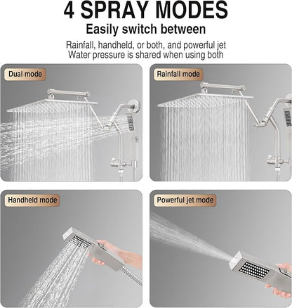 All Metal 10 Inch Rain Shower Head with Handheld Built-in Power Wash Mode, High Pressure Waterfall Rainfall Square Shower Heads with 16" Adjustable Extension Arm, Dual Showerhead(Brushed Nickel)