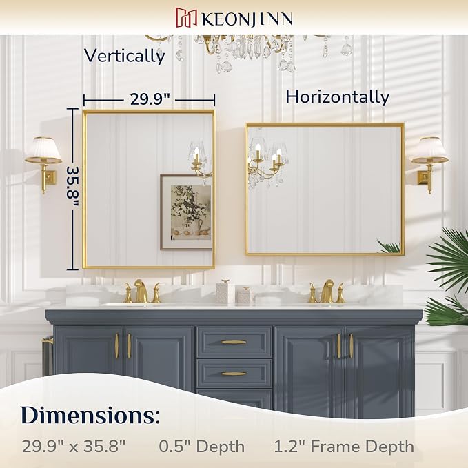 Keonjinn 30x36 Inch Gold Bathroom Mirror for Over Sink, Vanity Mirror | HD Tempered Glass, Rectangular, Brushed Framed, Square Corner, Modern Farmhouse, Wall Mounted Mirrors, Aluminum Alloy