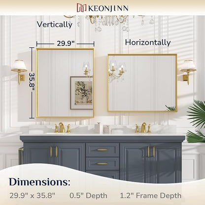 Keonjinn 30x36 Inch Gold Bathroom Mirror for Over Sink, Vanity Mirror | HD Tempered Glass, Rectangular, Brushed Framed, Square Corner, Modern Farmhouse, Wall Mounted Mirrors, Aluminum Alloy