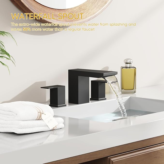 BESy Matte Black Bathroom Faucet 3 Holes Two Handles Vanity Widespread 8 Inch Bathroom Sink Faucet, Waterfall Bathroom Sink Faucet with cUPC Supply Hoses, Pop Up Drain, Stainless Steel