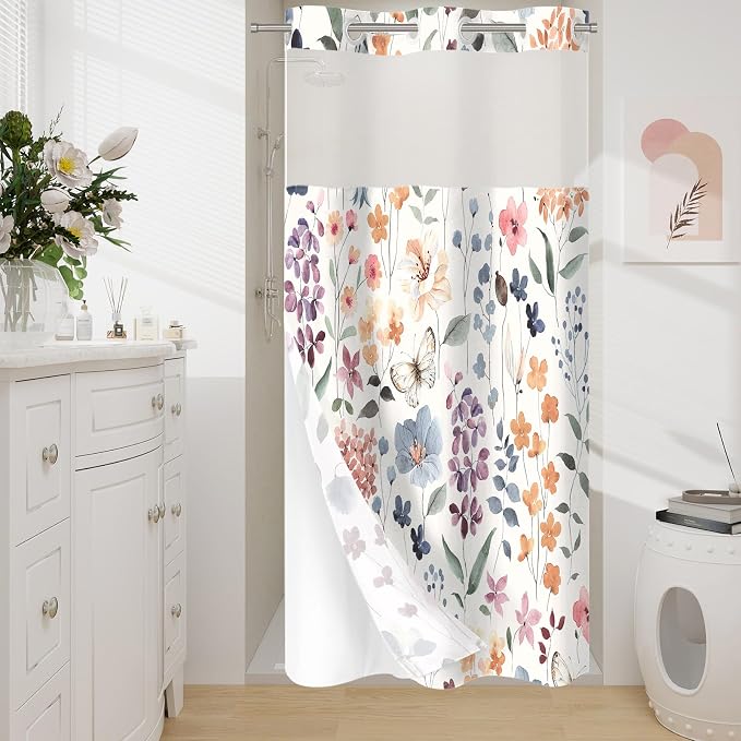 Litabel No Hook Ivory Watercolor Floral Shower Curtain and Liner Set, 36x74 | Spring Flower Shower Curtains with Snap-in Liner for Farmhouse Bathroom Decor, Botanical Bathroom Curtain with Leaves