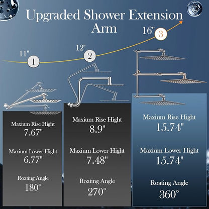12'' Nickel Shower Head Combo with 16'' Flexible Height/Angle Extension Arm | High Pressure Rainfall Shower Head with 5 Setting Spray Hand held Shower Head, Stainless Steel and Anti-leak