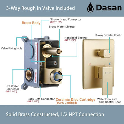 DASAN Full Body Shower System with 6 PCS Body Spray Jets & 12'' Rain Overhead Shower & Handheld, In-Wall Rain Shower System Brushed Gold Shower Faucets Sets Complete with Valve, SA-SS03ABG-S12W