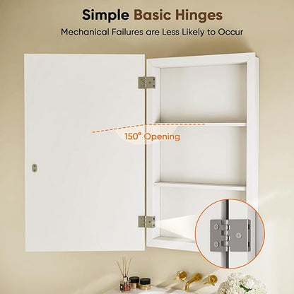 Antok 16x25 Inch Medicine Cabinet with Mirror, Wall Mounted Bathroom Mirror Cabinet, Wooden Medicine Cabinet Mirror, Recessed or Surface, White