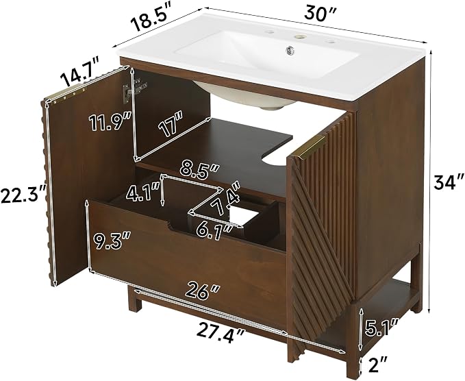 30 Inch Walnut Mid-Century Bathroom Vanity with Ceramic Basin Sink, Space Saving Bathroom Storage Cabinet with Sink & Dual Hidden Drawers & Open Bottom Shelf, Fluted Door Panel (Walnut Style2, 30")