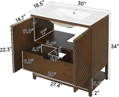 30 Inch Walnut Mid-Century Bathroom Vanity with Ceramic Basin Sink, Space Saving Bathroom Storage Cabinet with Sink & Dual Hidden Drawers & Open Bottom Shelf, Fluted Door Panel (Walnut Style2, 30")
