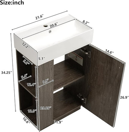 Merax Small Bathroom Vanity, Modern Floor Standing Bathroom Vanity with Sink, Ceramic Sink Vanity with Side Storage Shelves and Toilet Paper Holders, Dark Grey