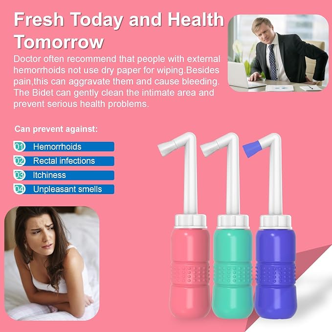 2 Pack 300ML Portable Bidet, Blue & Pink Handheld Travel Bidet Sprayer, Leak-Proof Upside-Down Squeeze Design for Postpartum Care, Menstrual Hygiene, Adults & Kids, Home/Travel/Outdoor/Camping