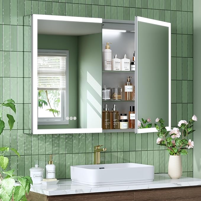 40x30 Inch Medicine Cabinet with Lights, AL Alloy Frame, Plug-in or Hardwired, Recessed or Wall Mount, Mirror Doors/3 Colors/Dimmable/Interior Sensor Light/Defog,2 Outlets & USBs,2 Shelves