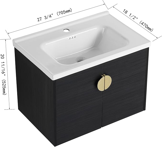 SSLine Modern 40" Floating Bathroom Vanity with Ceramic Sink Wall Mounted Bathroom Vanity with Top Basin &Storage Cabinet&Side Open Shelf Elegant Wood Vanity Sink Cabinet for Small Space(Black Gold)