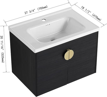 SSLine Modern 40" Floating Bathroom Vanity with Ceramic Sink Wall Mounted Bathroom Vanity with Top Basin &Storage Cabinet&Side Open Shelf Elegant Wood Vanity Sink Cabinet for Small Space(Black Gold)