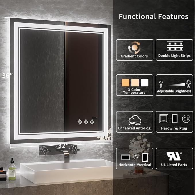 Bathroom Mirror, 32x36 Inch Gradient Front and Backlit LED Mirror for Bathroom, 3 Colors Dimmable CRI>90 Double Lights, IP54 Enhanced Anti-Fog, Hanging Plates Wall Mount LED Mirror