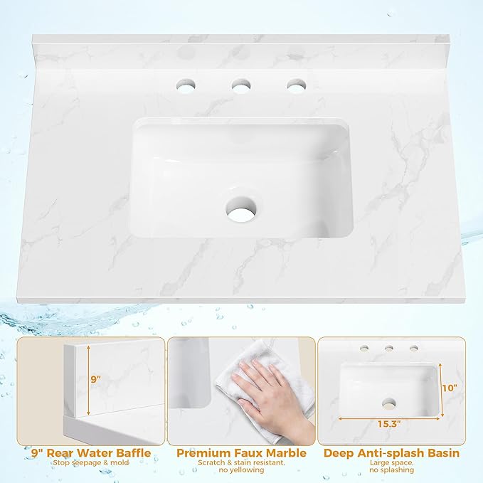 IRONCK Bathroom Vanity with Sink 30", Vanity Cabinet with Water Baffle | Engineered Marble Top & Ceramic Sink, Soft Close Drawer & Open Shelves, Easy Assembly, Farmhouse Vanity for Bathroom