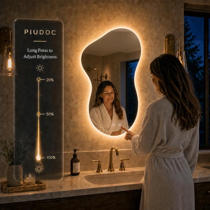 Irregular Led Bathroom Mirror with Lights 23x36 Inch, Backlit Asymmetrical Led Bathroom Mirror for Wall, Lighted Vanity Mirror with Lights, Anti-Fog, Dimmable 3 Colors, Shatter-Resistant