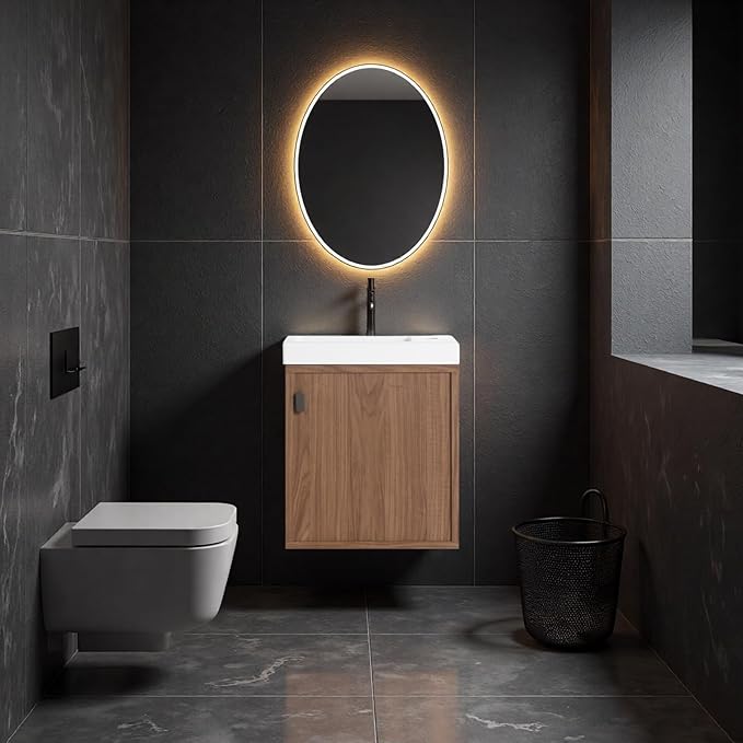 18.5" Bathroom Vanity with Resin Sink, Modern Wall-Mounted Floating Bathroom Vanity with Soft Closed Single Door for Home, Undermount Storage Cabinet, Easy to Clean, Natural Walnut