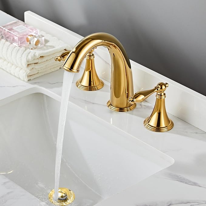 SaniteModar Polished Gold Bathroom Sink Faucet, Brass Widespread Faucet, 3 Hole, 2 Handles with Water Supply Lines and Pop-up Drain