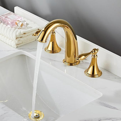 SaniteModar Polished Gold Bathroom Sink Faucet, Brass Widespread Faucet, 3 Hole, 2 Handles with Water Supply Lines and Pop-up Drain
