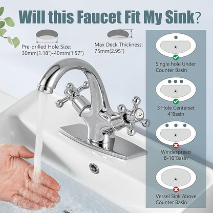Aolemi Bathroom Sink Faucet Single Hole Cold and Hot Double Handle Cross Knobs Vanity Vessel Sink Basin Mixer Tap with Deck Cover Plate with Pop Up Drain Polish Chrome