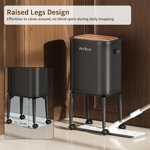 MRBIN Metal Slim Bathroom Trash Can with Legs and Wheels, 15L / 4gal Toilet Walnut Effect Press Lid Waste Basket, Covered Office Garbage Pail for Near Desk, Narrow Vanity, Rvs, Kitchen, Black