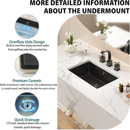 Black Ceramic 18"x12" Undermount Bathroom Lavatory Sink | Rectangle under counter black bathroom vessel sink for bathroom with overflow