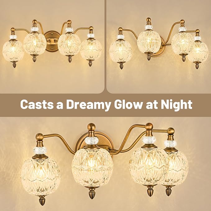 Vintage Bathroom Vanity Light, 4-Light Mid Century Matte Antique Brass Finish Wall Sconce with Globe Glass Shades, Retro Mirror Light for Bathroom, Powder Room