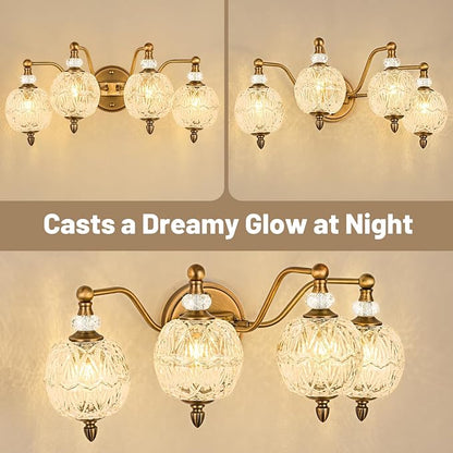 Vintage Bathroom Vanity Light, 4-Light Mid Century Matte Antique Brass Finish Wall Sconce with Globe Glass Shades, Retro Mirror Light for Bathroom, Powder Room
