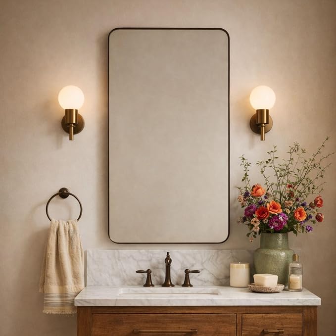 GRACTO 24x30'' Chrome Metal Framed Bathroom Mirror for Wall in Stainless Steel Rounded Rectangular Bathroom Vanity Mirrors Wall Mounted