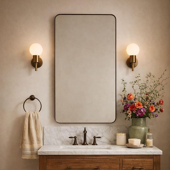 GRACTO 24x40'' Oil Rubbed Bronze Metal Framed Bathroom Mirror for Wall in Stainless Steel Rounded Rectangular Bathroom Vanity Mirrors Wall Mounted