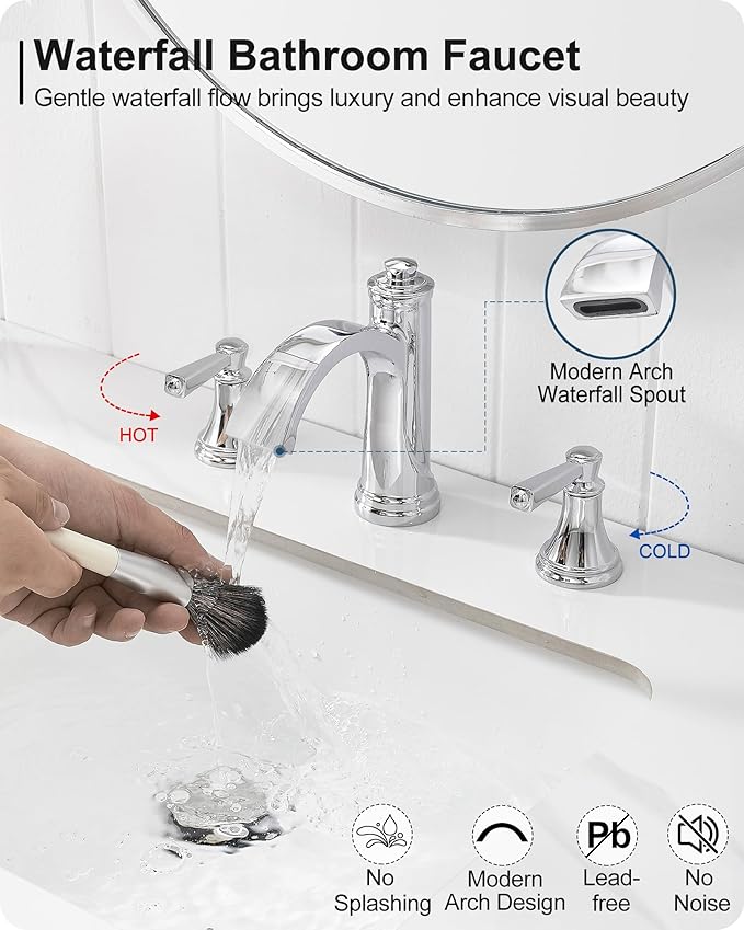 Waterfall Chrome Bathroom Faucet 3 Hole, Brass 4-16 Inch Widespread Bathroom Sink Faucet with Pop Up Drain, cUPC Supply Lines and 2 Handles for Vanity, Restroom, 10 Min Install