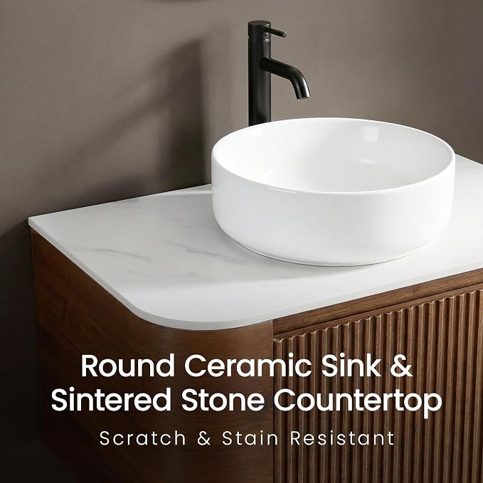 30" Preassembled Floating Bathroom Vanity with Round Sink, Walnut | Mid-Century Modern Style, Fluted & Soft-Close Drawer with U-shaped Wall, Sinterted Stone Countertop, Towel Rack Included
