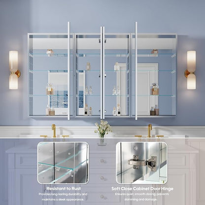 64" x 36" Bathroom Medicine Cabinet with Mirror, Anodized Chrome Aluminum Frame, Surface Mount or Recessed Medicine Cabinet with Mirror, Bathroom Mirror with Storage, Four Doors