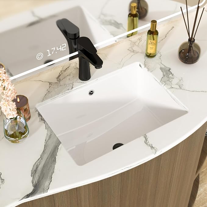 White Undermount Bathroom Sink 20.1"x14.6"Ceramic Basin | Modern Porcelain Under Counter Bathroom Vanity Sink, Interior Bowl 17.9"x 12.4", Rectangular Undermount Basin with Overflow