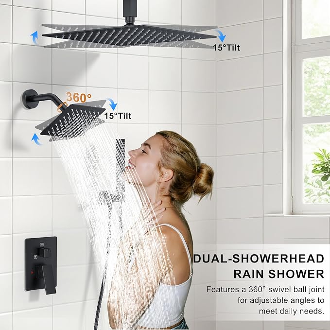 Rain Shower System 12" & 6" Dual Shower Heads Ceiling Shower Faucet Set | Ideal for bathroom remodels and upgrades with 12" rain shower, 6" angled shower, handheld spray and complete valve kit.