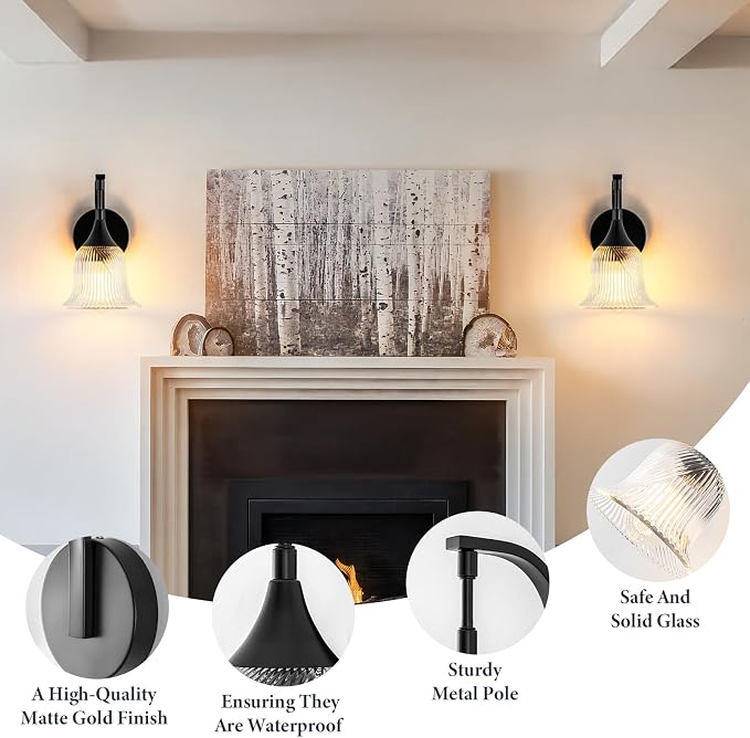 Vintage Black Wall Sconce, 1-Light Modern Wall Lighting Fixture | with 6.6” Textured Glass Shade, Industrial Hardwired Wall Mounted for Dining Living Room Hallway Bedroom Kitchen, E26