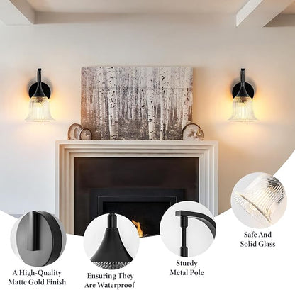 Vintage Black Wall Sconce, 1-Light Modern Wall Lighting Fixture | with 6.6” Textured Glass Shade, Industrial Hardwired Wall Mounted for Dining Living Room Hallway Bedroom Kitchen, E26