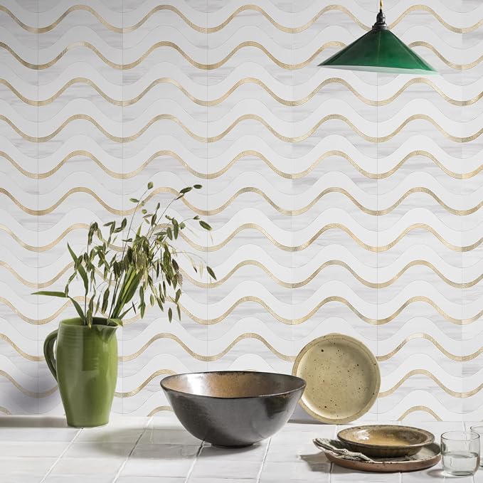 Vamos Tile Peel and Stick Backsplash Seamless Tile,Dolomite+White+Gold,10 | Stick on Backsplash for Kitchen and Bathroom, PVC Mix Metal Gold Self Adhesive Wall Tiles,11.8''x10.15''