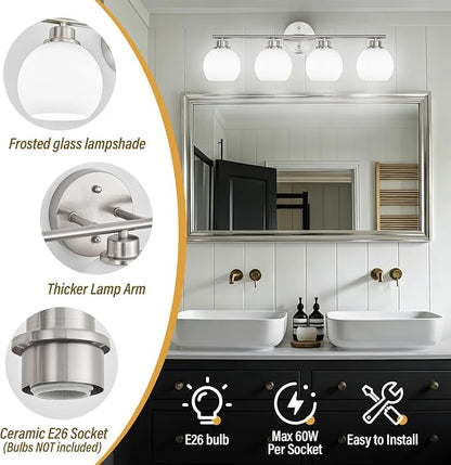 Brushed Nickel Bathroom Light Fixtures, 4-Light Vanity Light Over Mirror | Modern Bathroom Lighting Over Mirror, Wall Sconces, Milky White Globe Glass Shades, E26 Socket,ETL Listed