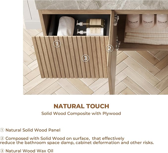 LKTART Floating 48 Inch Bathroom Vanity with Sink, Modern Plywood Wall Mounted Bathroom Storage Cabinet with 2 Doors and 1 Drawer, Roma Travertine-Pattern Sintered Stone Countertop and Ceramic Basins